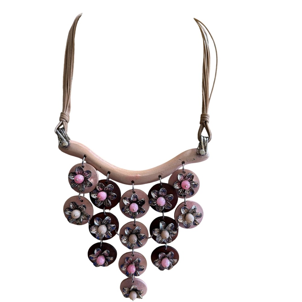 Boho Pink Brown Wood Flower Statement Bib‎ Necklace Multi Strand Cord Floral
